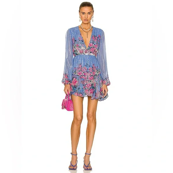 NWT Hemant & Nandita Mila Floral Metallic Stripe Dress Stone Blue L Valentines - Picture 5 of 16